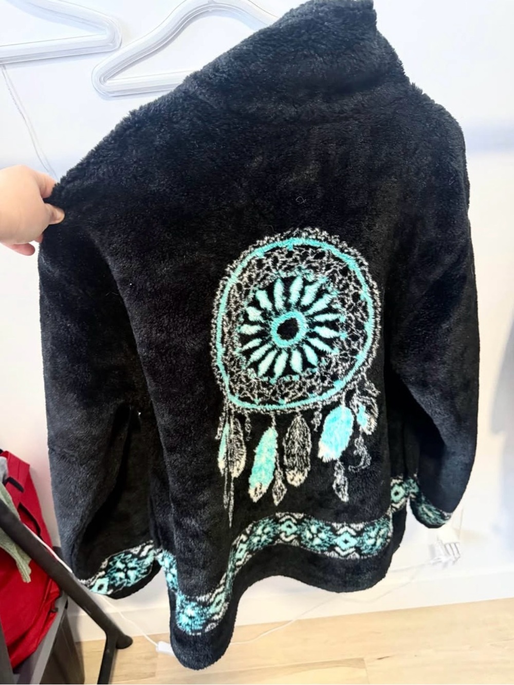 Black Faux Fur Jacket with Turquoise Dreamcatcher Embroidery